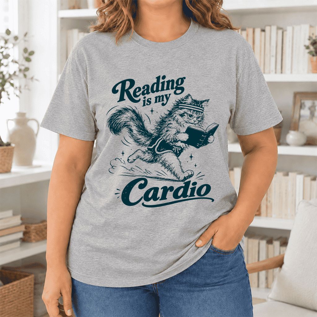 Reading Is My Cardio Ultra-Soft Cotton T-Shirt | Funny Cat Lover Reader Gift Athletic Heather