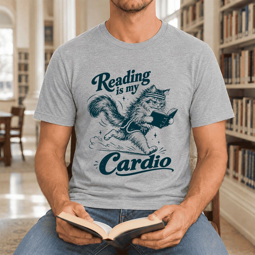 Reading Is My Cardio Ultra-Soft Cotton T-Shirt | Funny Cat Lover Reader Gift Athletic Heather