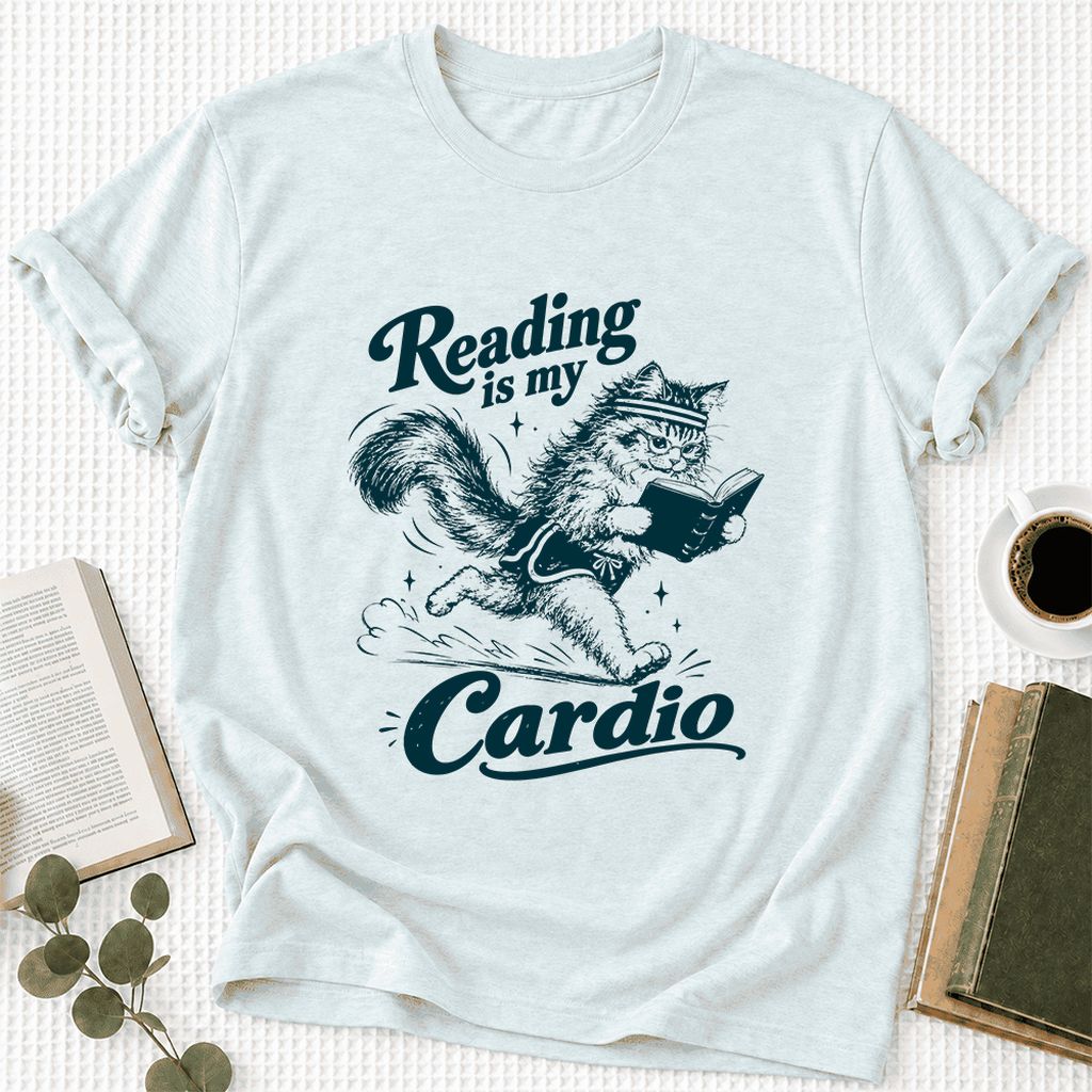 Reading Is My Cardio Ultra-Soft Cotton T-Shirt | Funny Cat Lover Reader Gift Heather Ice Blue