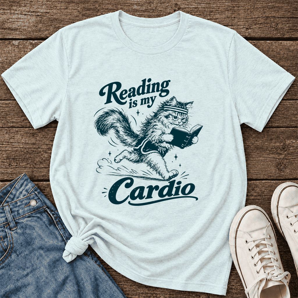 Reading Is My Cardio Ultra-Soft Cotton T-Shirt | Funny Cat Lover Reader Gift Heather Ice Blue