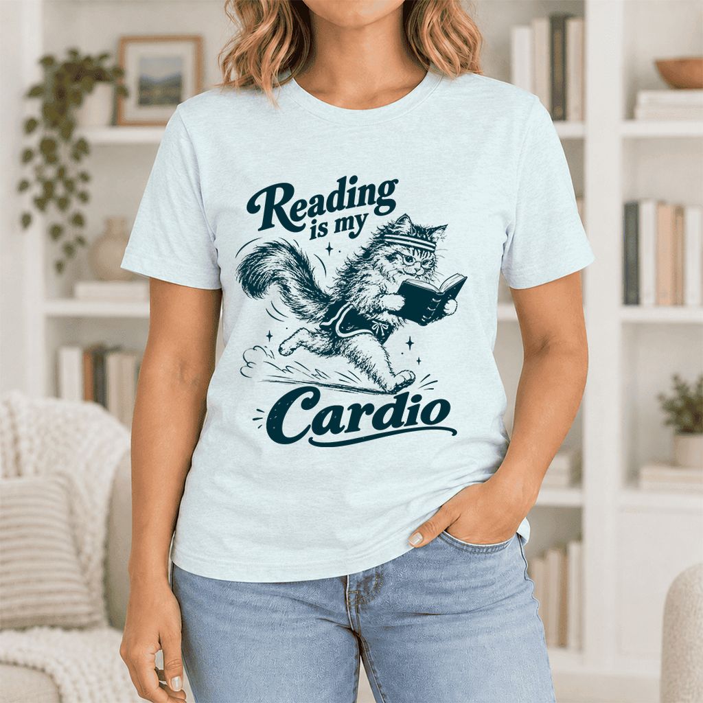 Reading Is My Cardio Ultra-Soft Cotton T-Shirt | Funny Cat Lover Reader Gift Heather Ice Blue