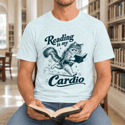 Reading Is My Cardio Ultra-Soft Cotton T-Shirt | Funny Cat Lover Reader Gift Heather Ice Blue