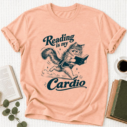Reading Is My Cardio Ultra-Soft Cotton T-Shirt | Funny Cat Lover Reader Gift Heather Peach