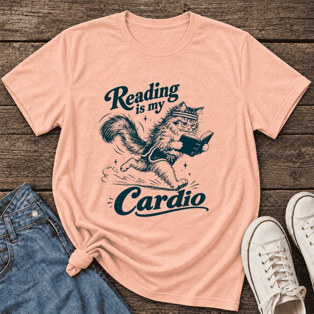 Reading Is My Cardio Ultra-Soft Cotton T-Shirt | Funny Cat Lover Reader Gift Heather Peach
