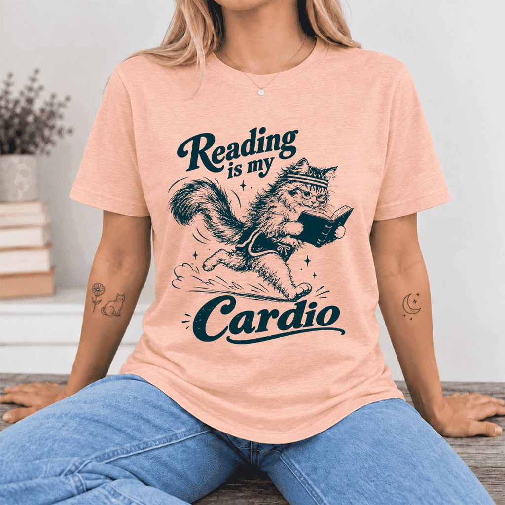 Reading Is My Cardio Ultra-Soft Cotton T-Shirt | Funny Cat Lover Reader Gift Heather Peach