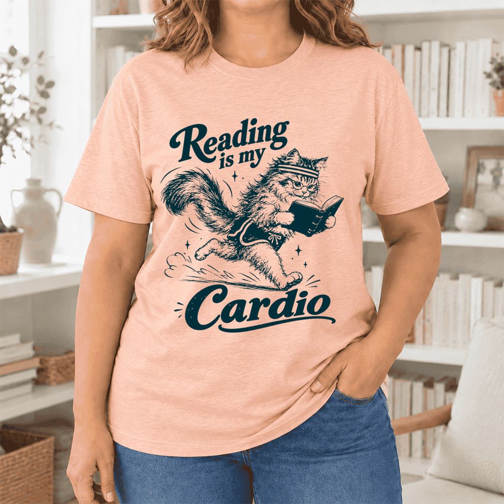 Reading Is My Cardio Ultra-Soft Cotton T-Shirt | Funny Cat Lover Reader Gift Heather Peach