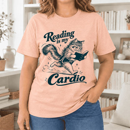 Reading Is My Cardio Ultra-Soft Cotton T-Shirt | Funny Cat Lover Reader Gift Heather Peach
