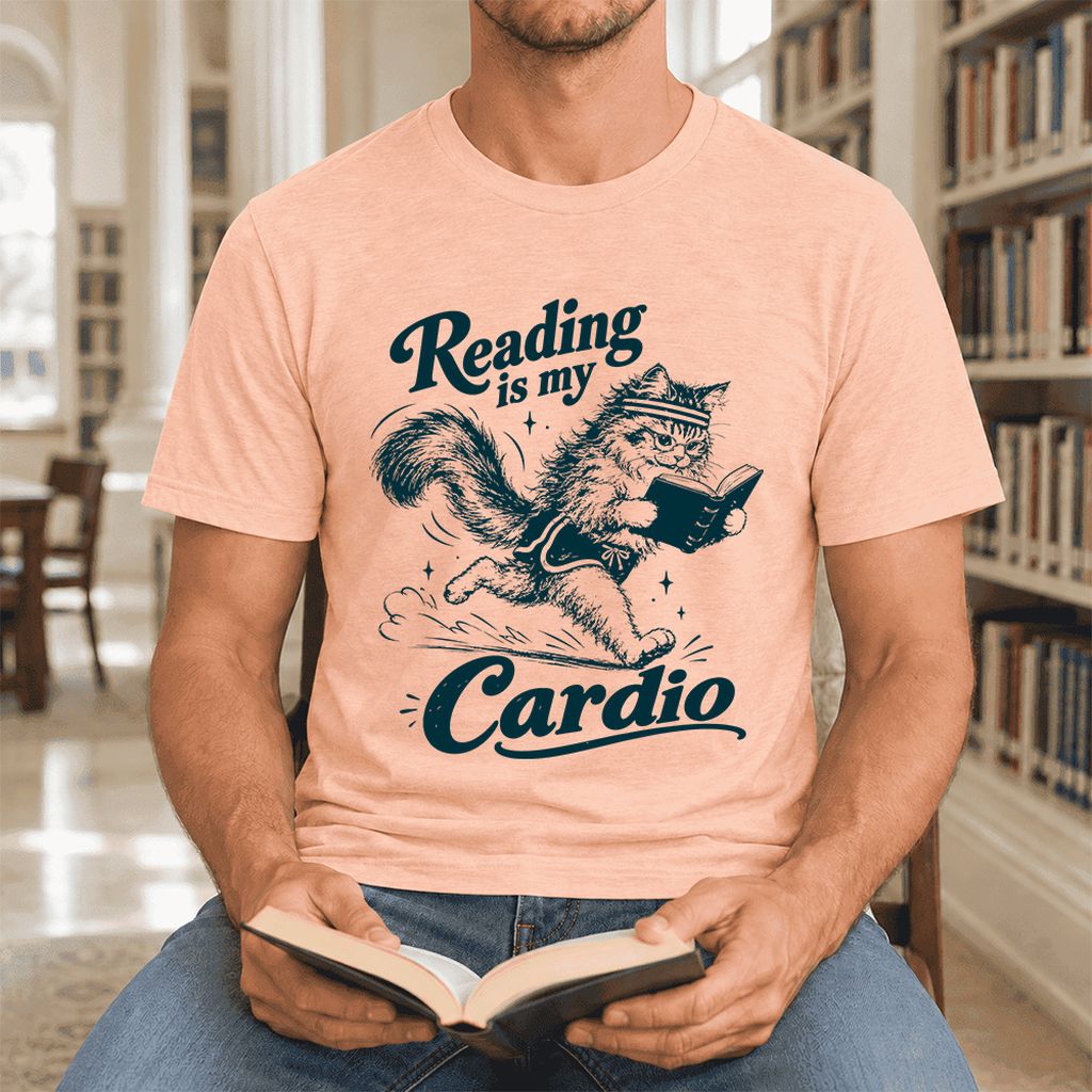 Reading Is My Cardio Ultra-Soft Cotton T-Shirt | Funny Cat Lover Reader Gift Heather Peach