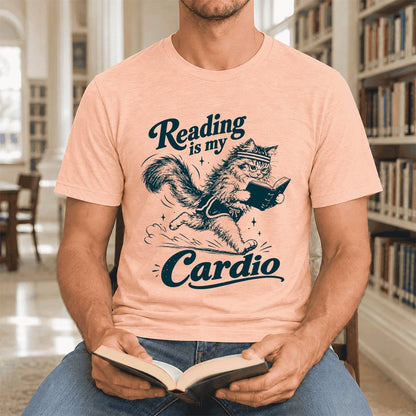 Reading Is My Cardio Ultra-Soft Cotton T-Shirt | Funny Cat Lover Reader Gift Heather Peach