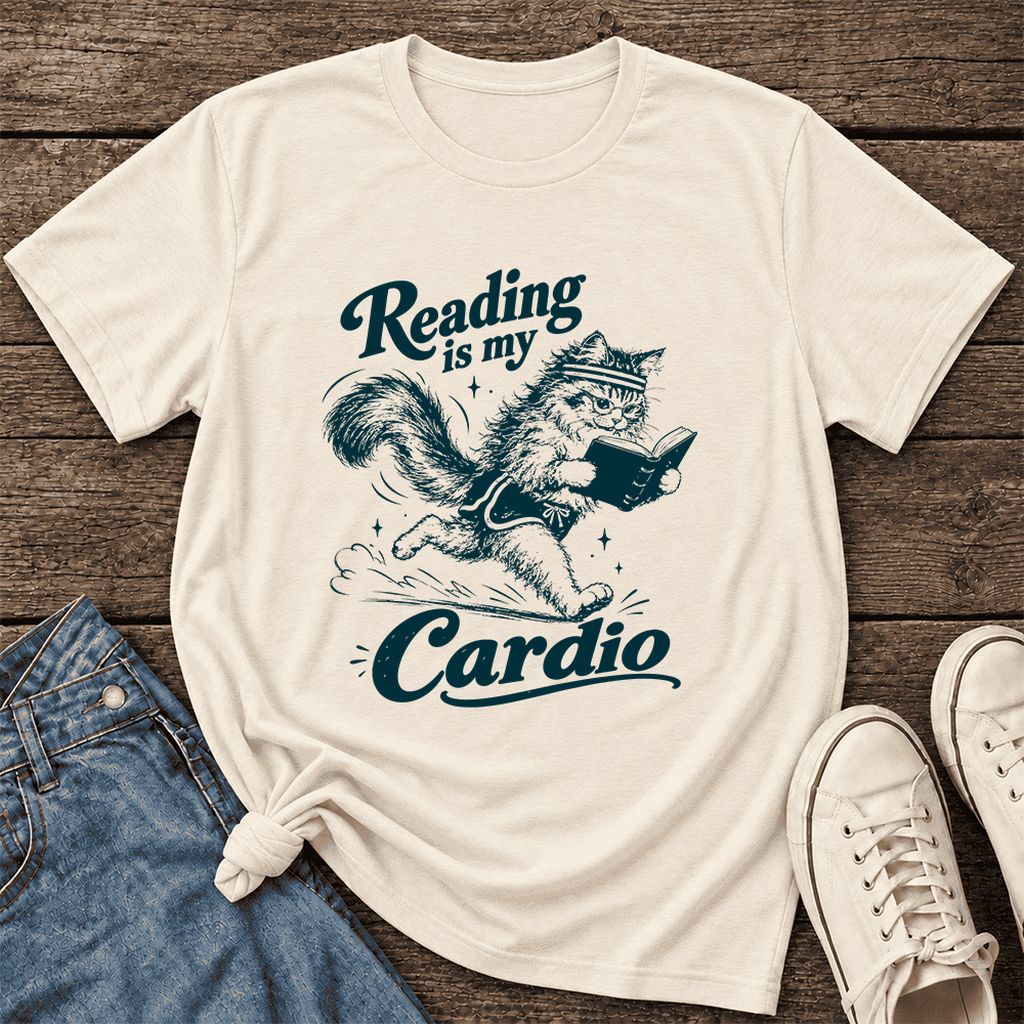 Reading Is My Cardio Ultra-Soft Cotton T-Shirt | Funny Cat Lover Reader Gift Natural