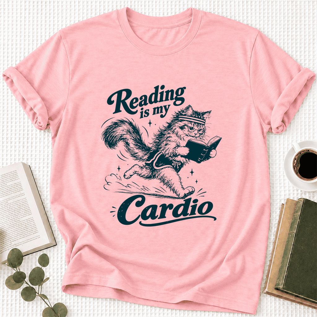 Reading Is My Cardio Ultra-Soft Cotton T-Shirt | Funny Cat Lover Reader Gift Pink