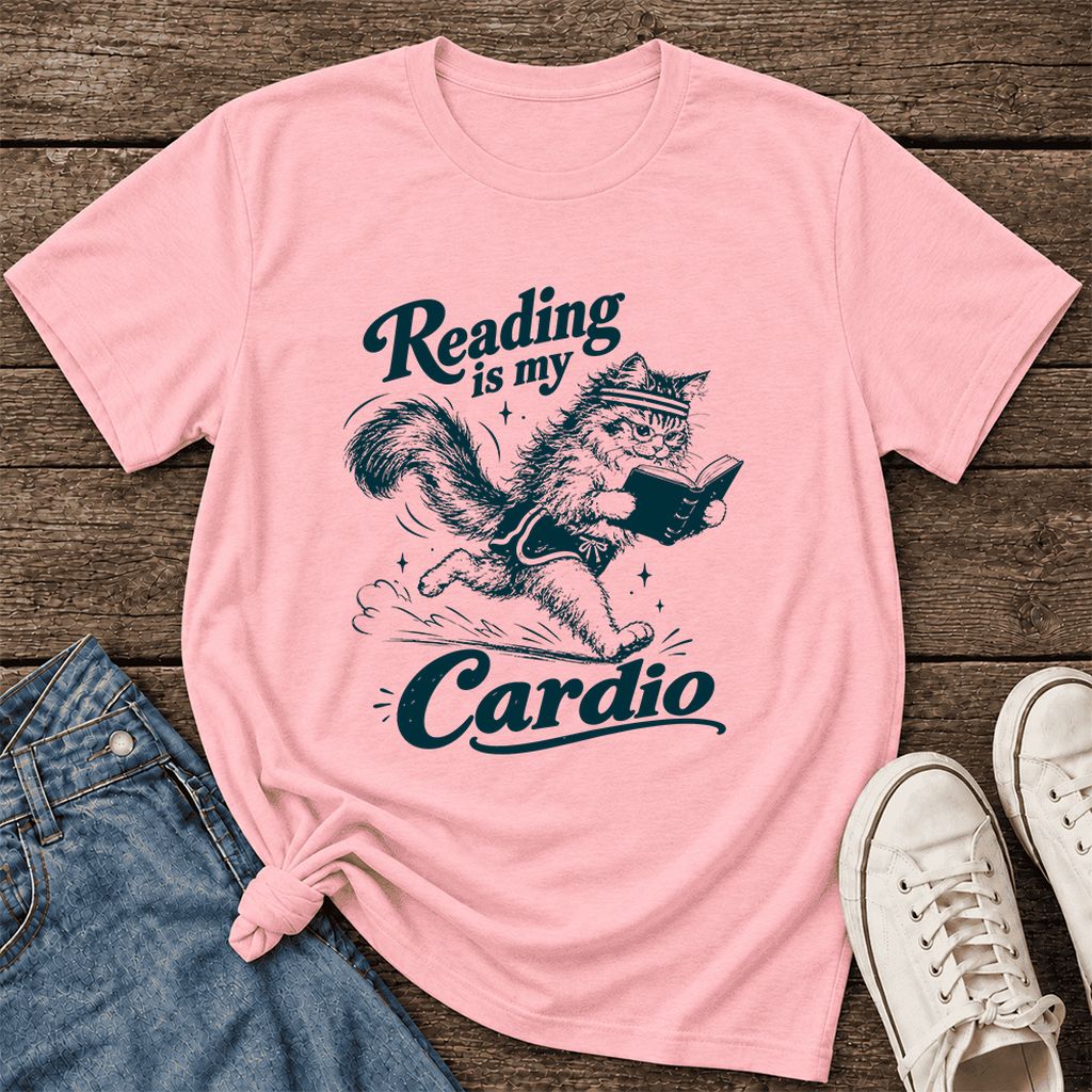 Reading Is My Cardio Ultra-Soft Cotton T-Shirt | Funny Cat Lover Reader Gift Pink