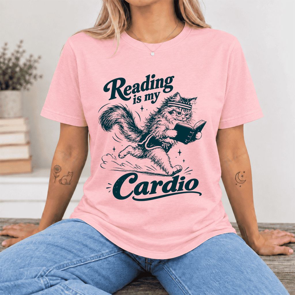 Reading Is My Cardio Ultra-Soft Cotton T-Shirt | Funny Cat Lover Reader Gift Pink