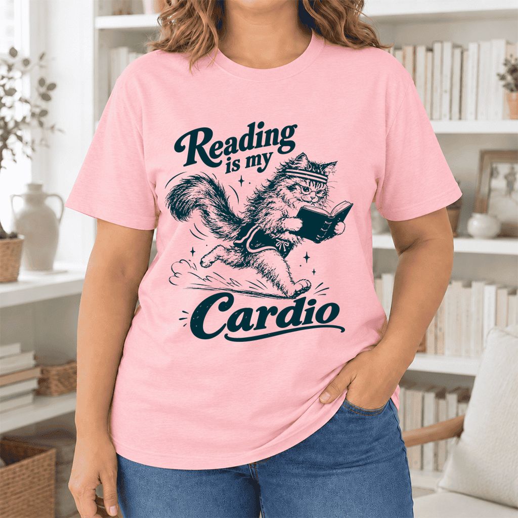Reading Is My Cardio Ultra-Soft Cotton T-Shirt | Funny Cat Lover Reader Gift Pink