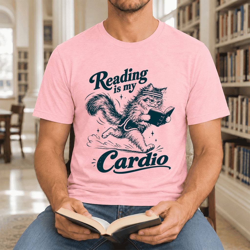 Reading Is My Cardio Ultra-Soft Cotton T-Shirt | Funny Cat Lover Reader Gift Pink