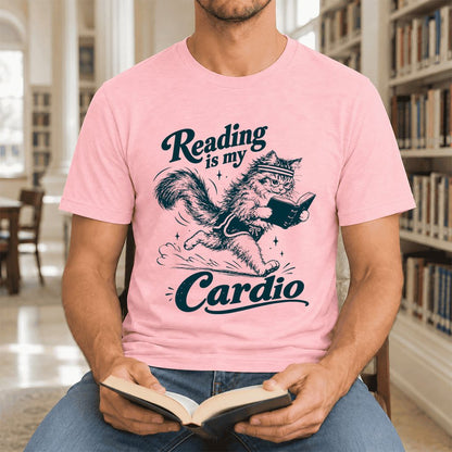Reading Is My Cardio Ultra-Soft Cotton T-Shirt | Funny Cat Lover Reader Gift Pink