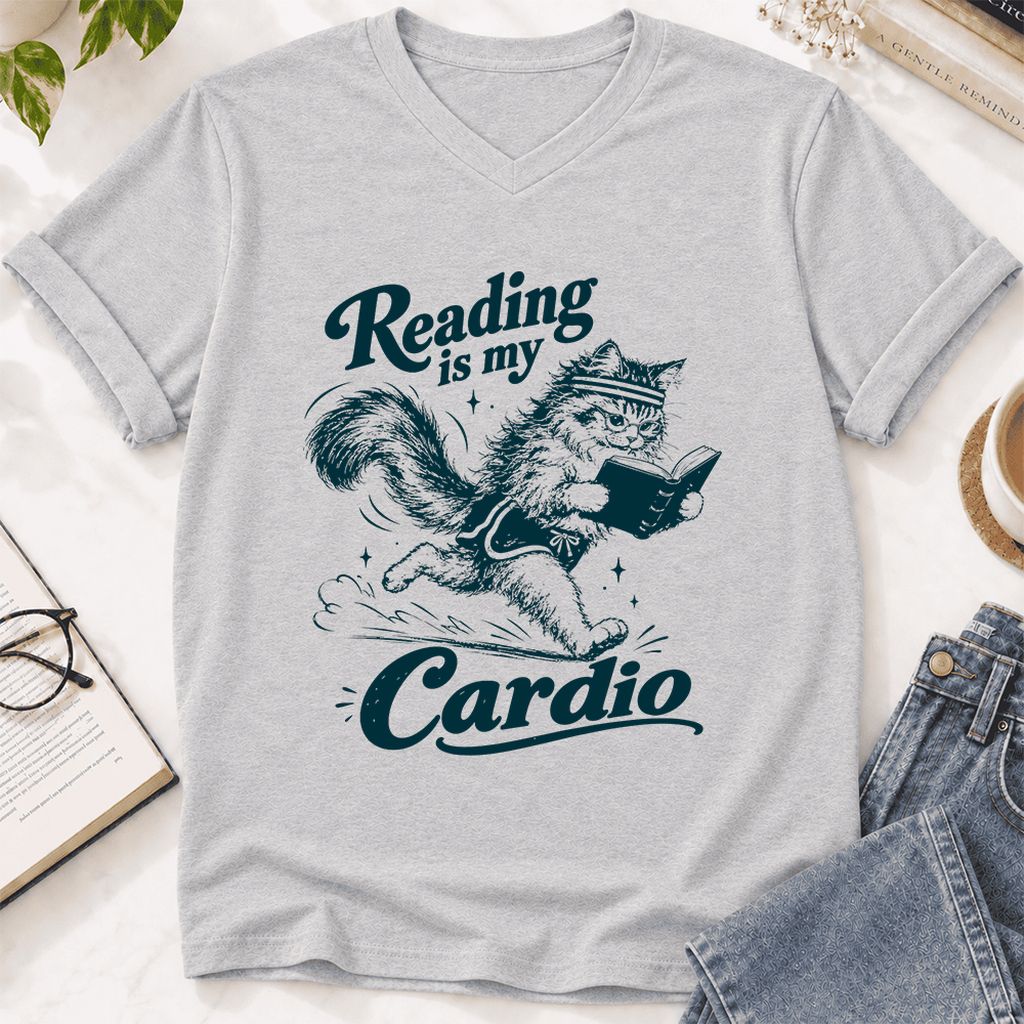 Reading Is My Cardio Ultra-Soft V-Neck | Funny Cat Lover Reader Gift Ash