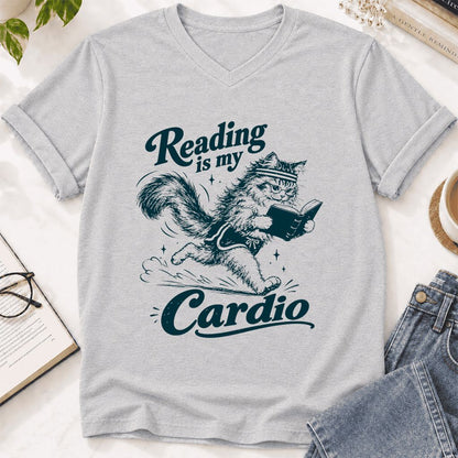 Reading Is My Cardio Ultra-Soft V-Neck | Funny Cat Lover Reader Gift Ash