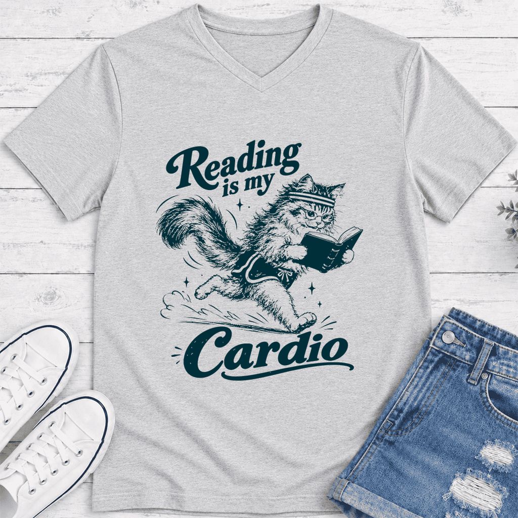 Reading Is My Cardio Ultra-Soft V-Neck | Funny Cat Lover Reader Gift Ash