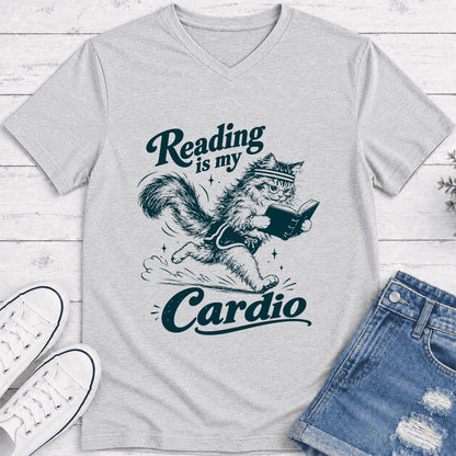 Reading Is My Cardio Ultra-Soft V-Neck | Funny Cat Lover Reader Gift Ash