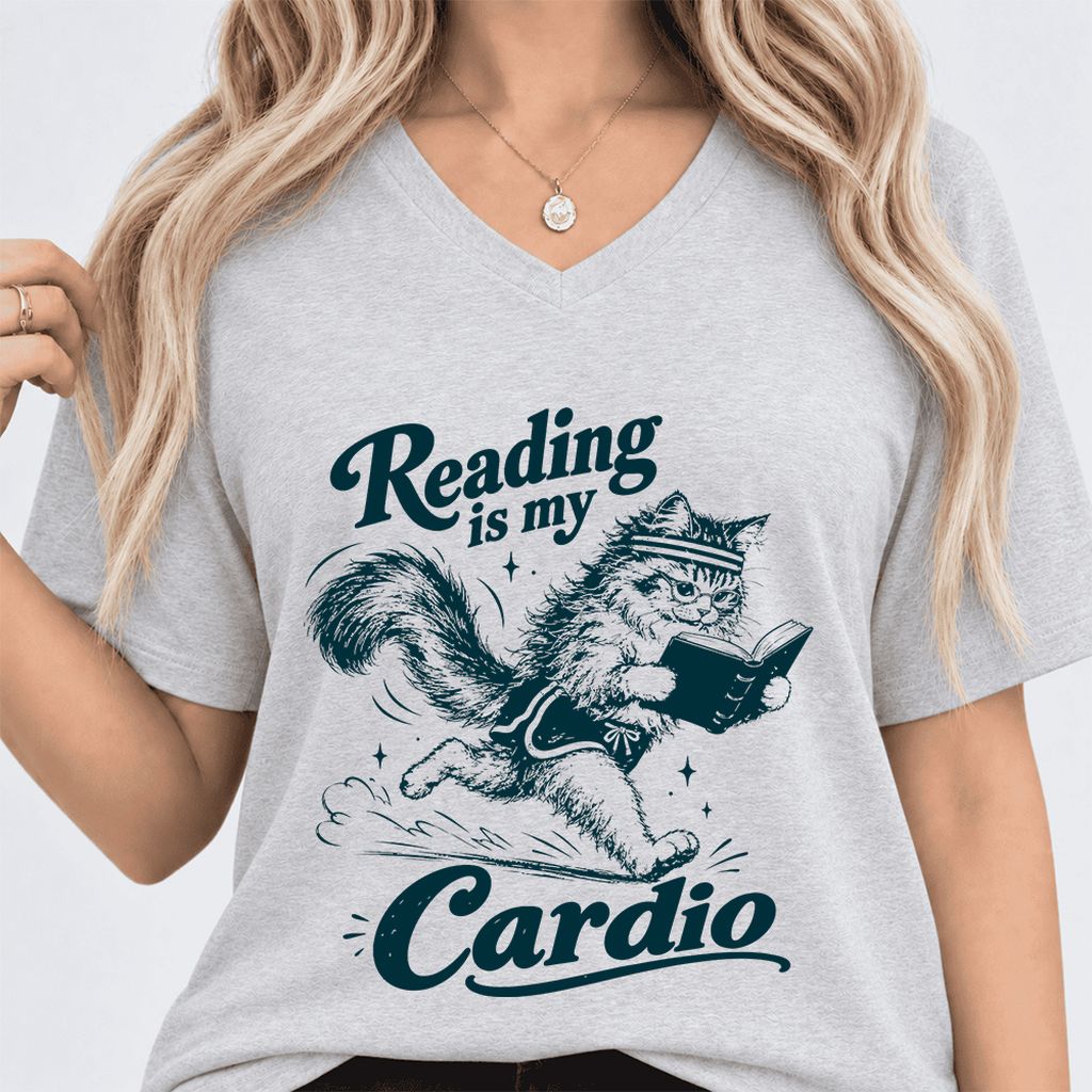Reading Is My Cardio Ultra-Soft V-Neck | Funny Cat Lover Reader Gift Ash