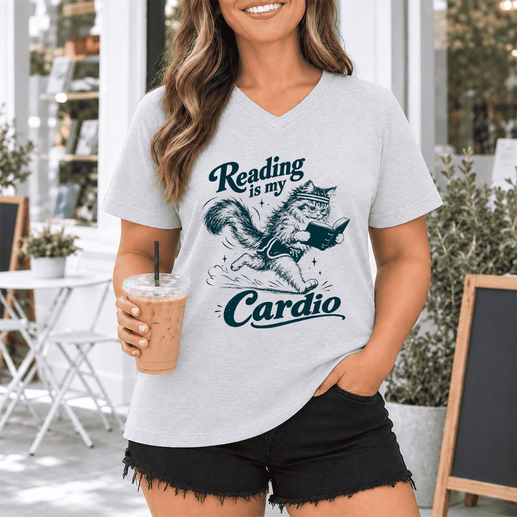 Reading Is My Cardio Ultra-Soft V-Neck | Funny Cat Lover Reader Gift Ash