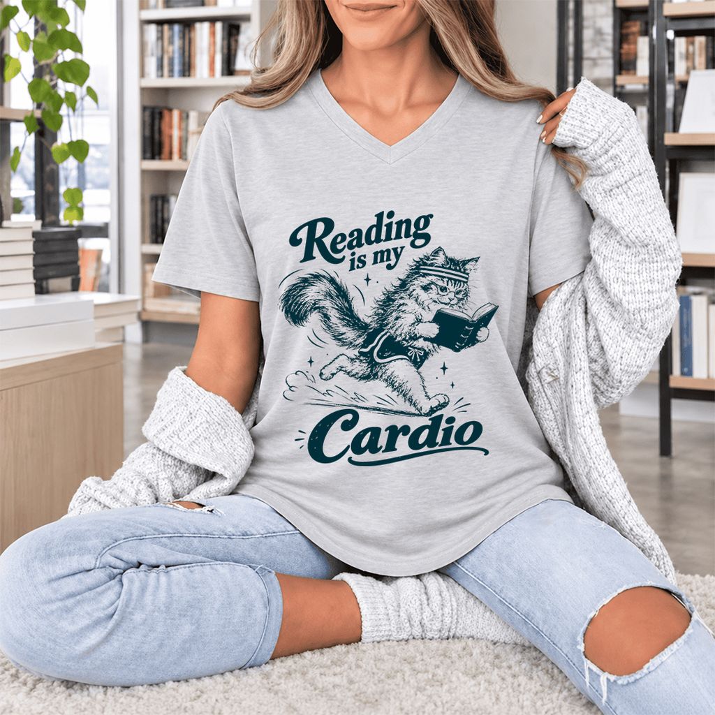 Reading Is My Cardio Ultra-Soft V-Neck | Funny Cat Lover Reader Gift Ash