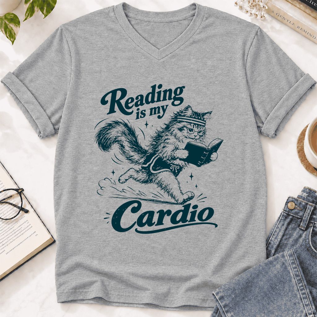 Reading Is My Cardio Ultra-Soft V-Neck | Funny Cat Lover Reader Gift Athletic Heather