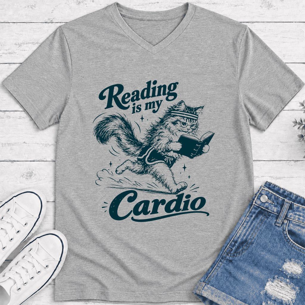 Reading Is My Cardio Ultra-Soft V-Neck | Funny Cat Lover Reader Gift Athletic Heather