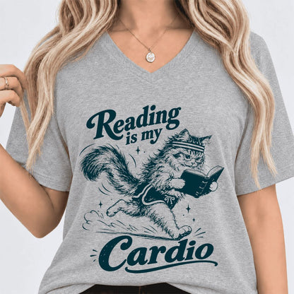 Reading Is My Cardio Ultra-Soft V-Neck | Funny Cat Lover Reader Gift Athletic Heather