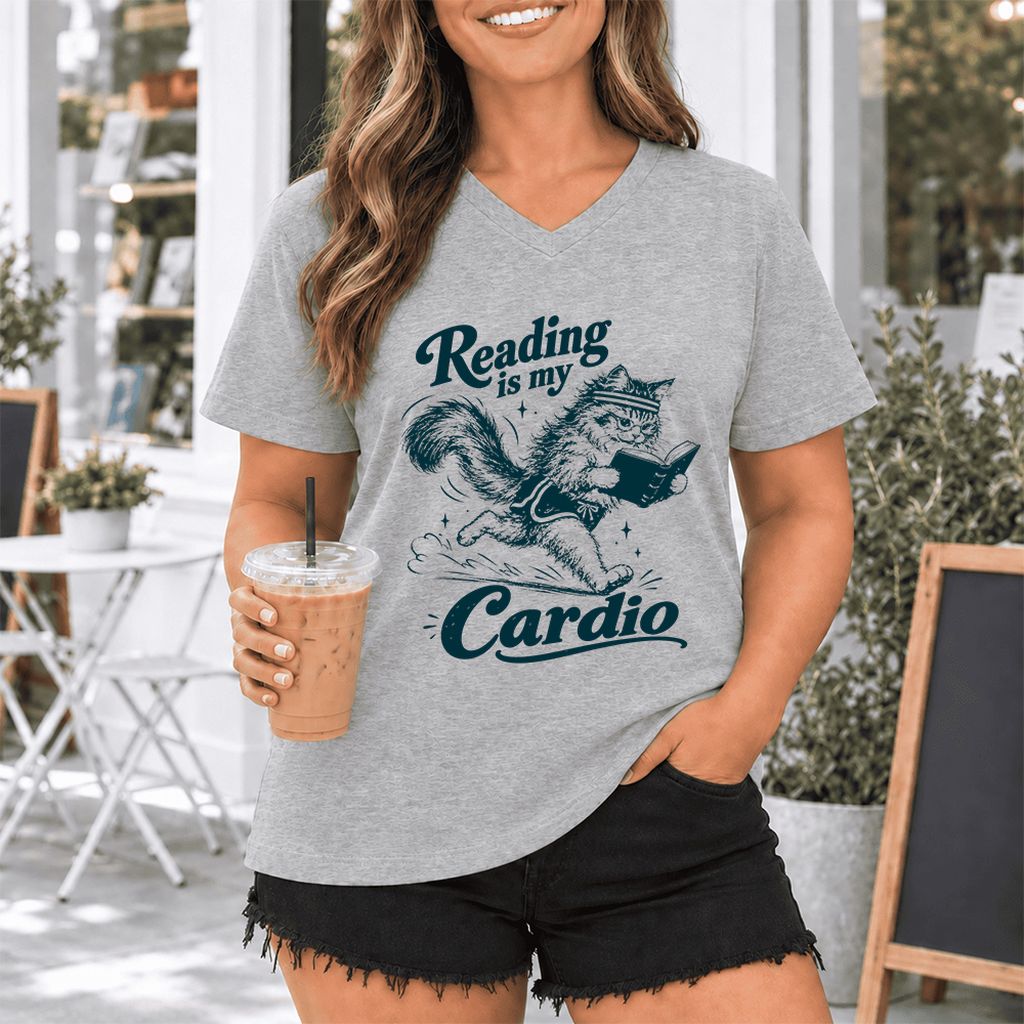 Reading Is My Cardio Ultra-Soft V-Neck | Funny Cat Lover Reader Gift Athletic Heather