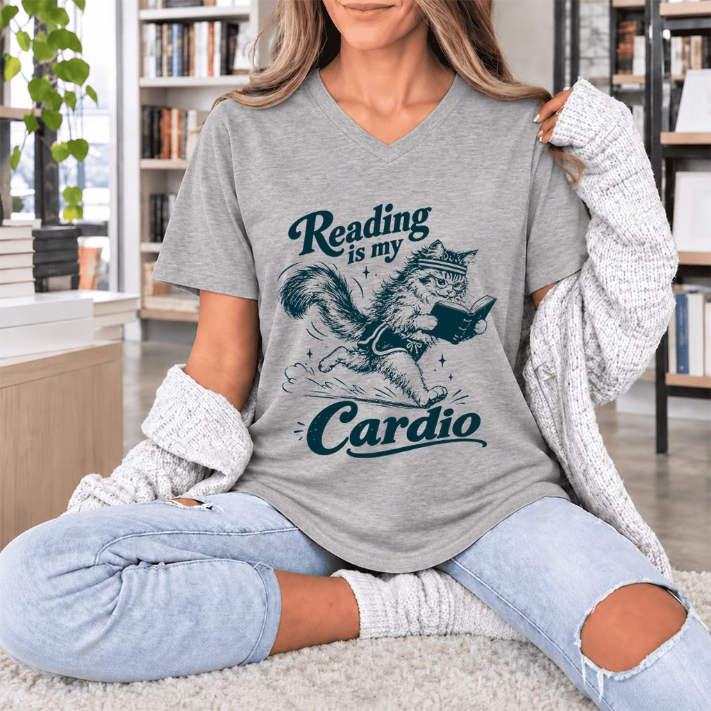 Reading Is My Cardio Ultra-Soft V-Neck | Funny Cat Lover Reader Gift Athletic Heather