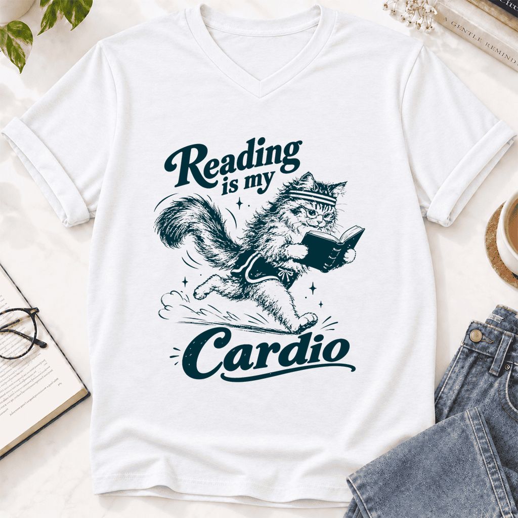 Reading Is My Cardio Ultra-Soft V-Neck | Funny Cat Lover Reader Gift White