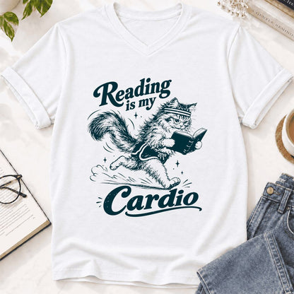 Reading Is My Cardio Ultra-Soft V-Neck | Funny Cat Lover Reader Gift White
