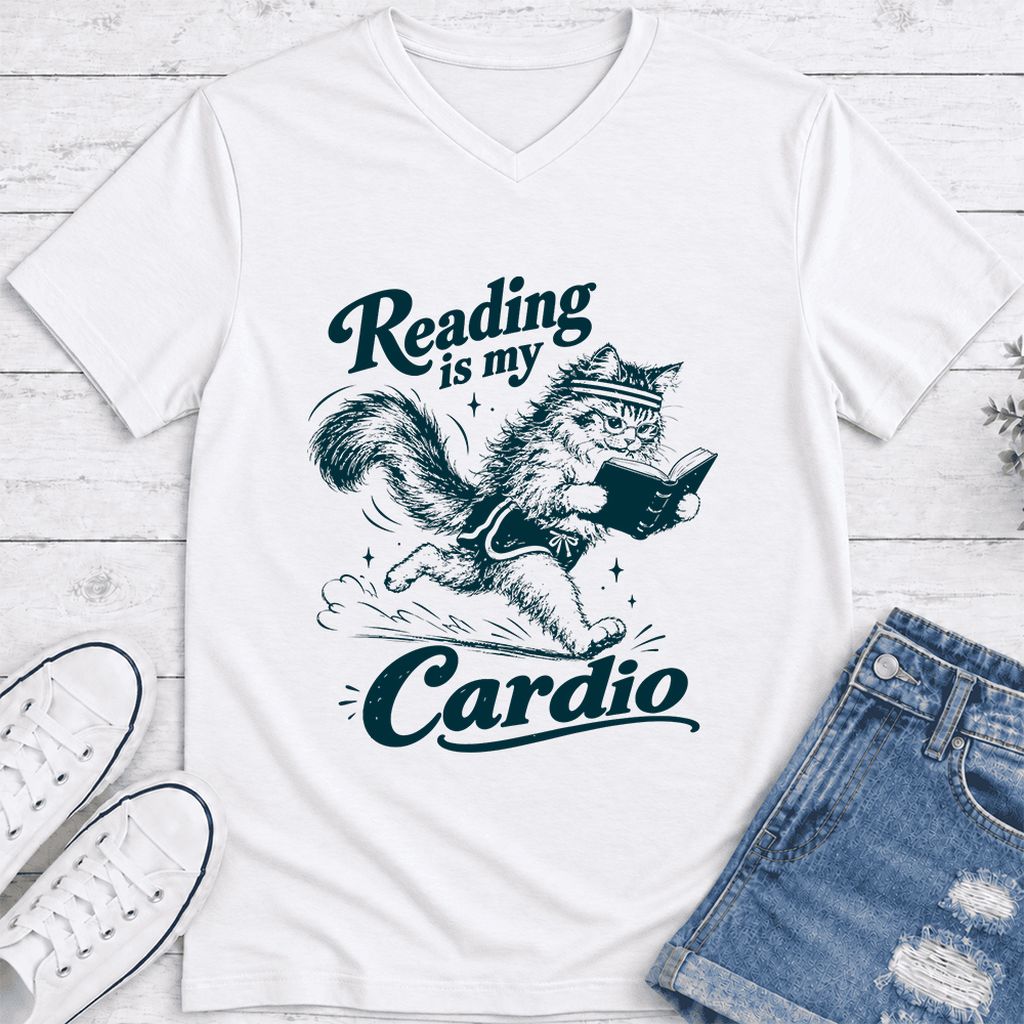 Reading Is My Cardio Ultra-Soft V-Neck | Funny Cat Lover Reader Gift White