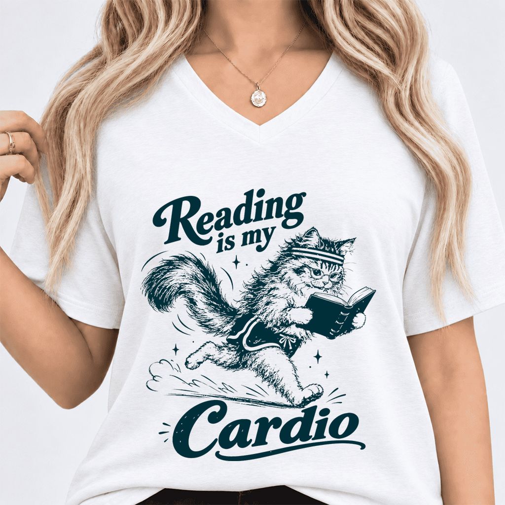 Reading Is My Cardio Ultra-Soft V-Neck | Funny Cat Lover Reader Gift White