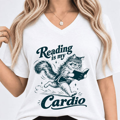 Reading Is My Cardio Ultra-Soft V-Neck | Funny Cat Lover Reader Gift White