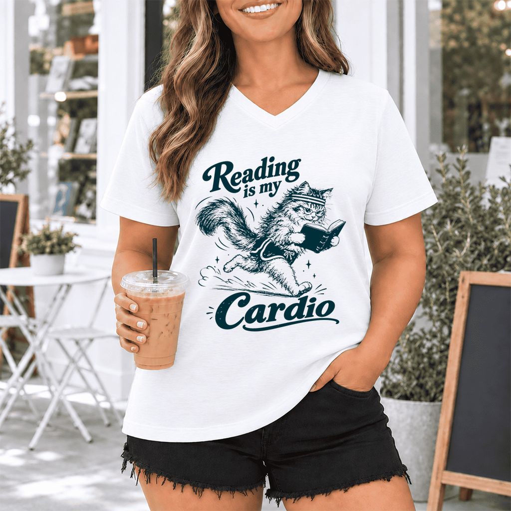 Reading Is My Cardio Ultra-Soft V-Neck | Funny Cat Lover Reader Gift White