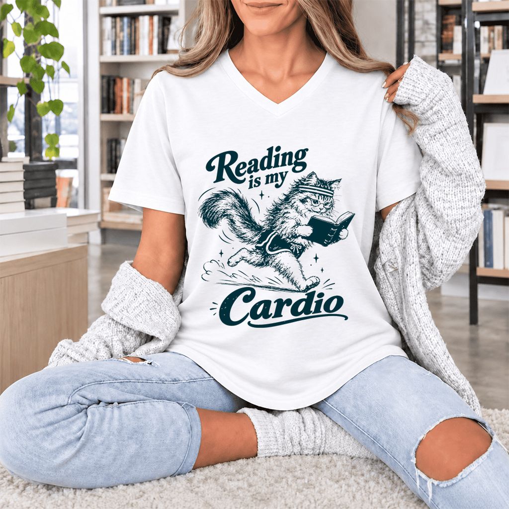 Reading Is My Cardio Ultra-Soft V-Neck | Funny Cat Lover Reader Gift White
