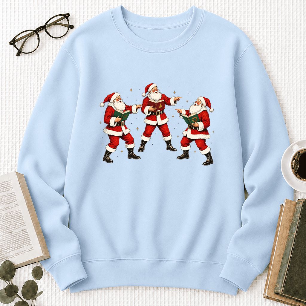 Three Reading Santas Printed Sweatshirt | Christmas Reader Gift Light Blue