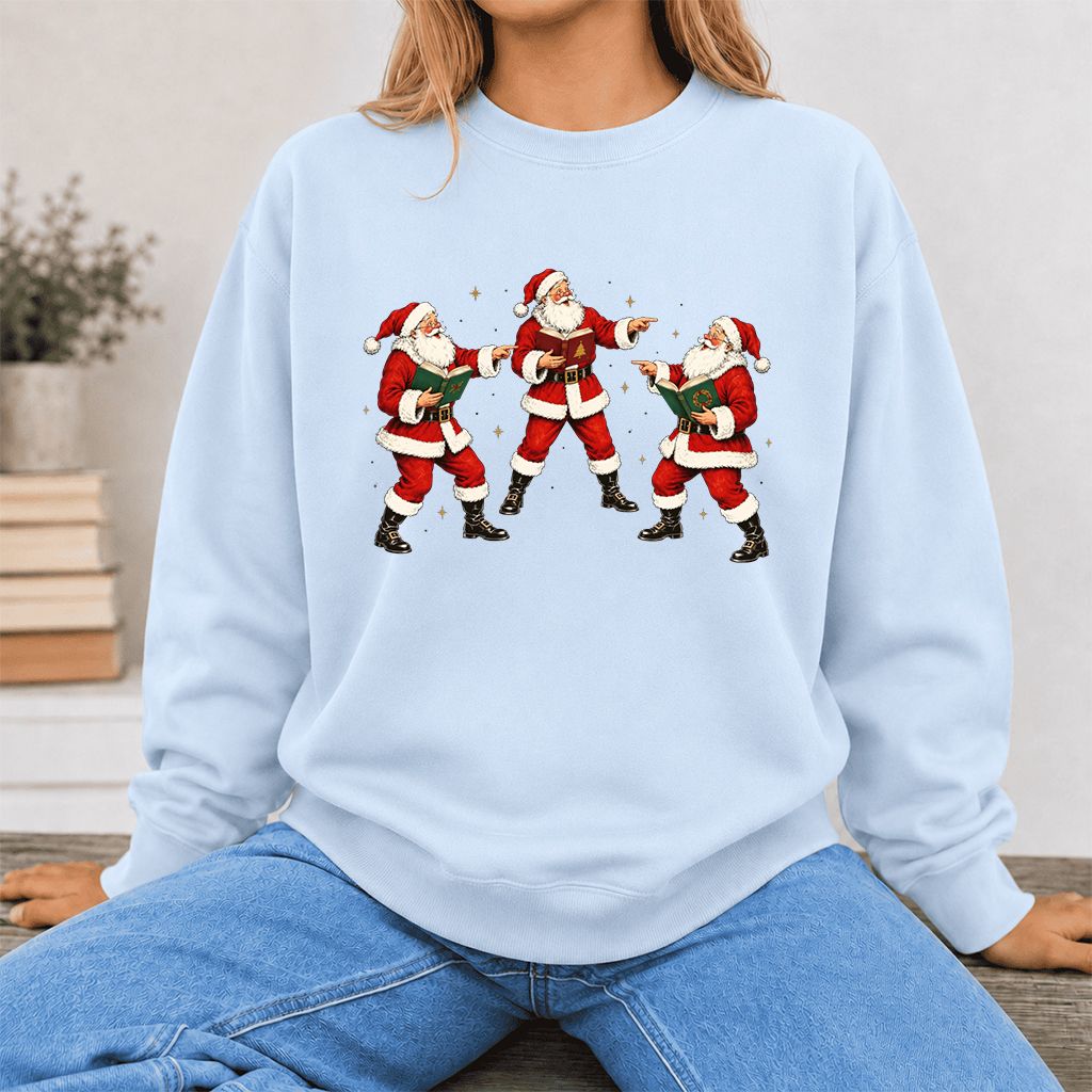 Three Reading Santas Printed Sweatshirt | Christmas Reader Gift Light Blue
