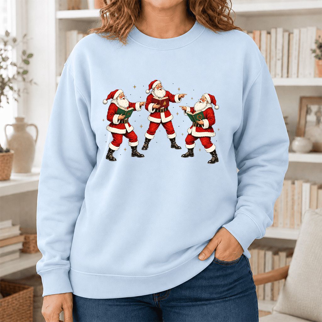 Three Reading Santas Printed Sweatshirt | Christmas Reader Gift Light Blue