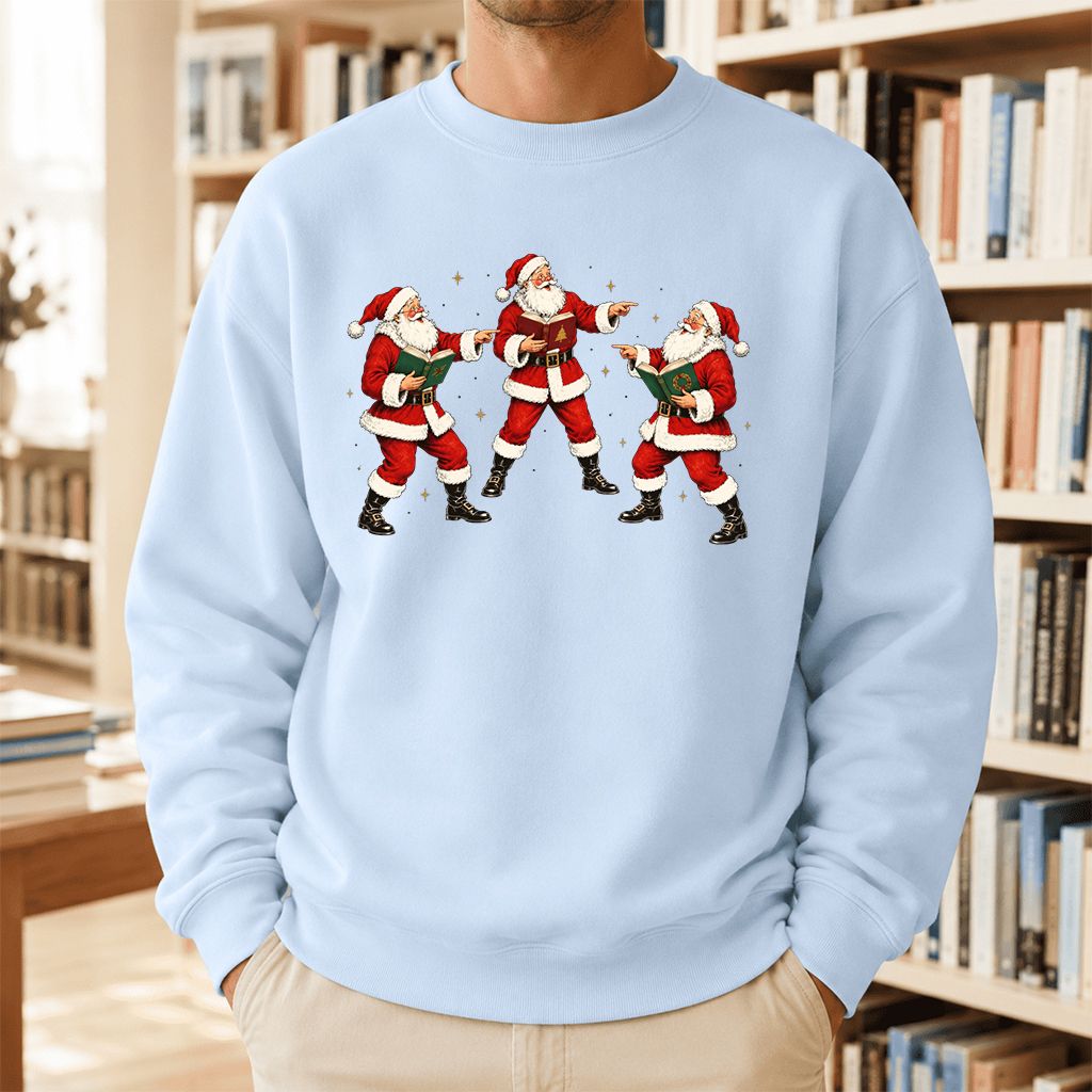Three Reading Santas Printed Sweatshirt | Christmas Reader Gift Light Blue