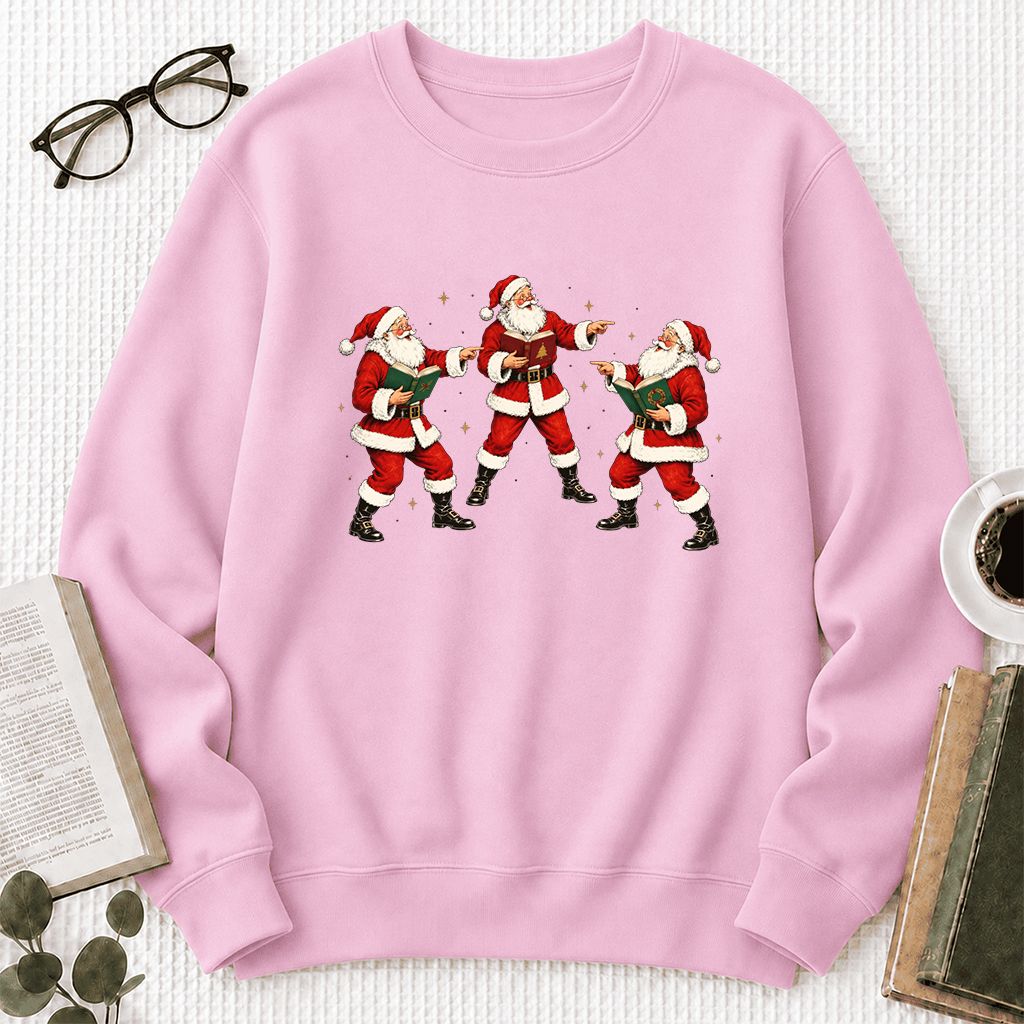 Three Reading Santas Printed Sweatshirt | Christmas Reader Gift Light Pink