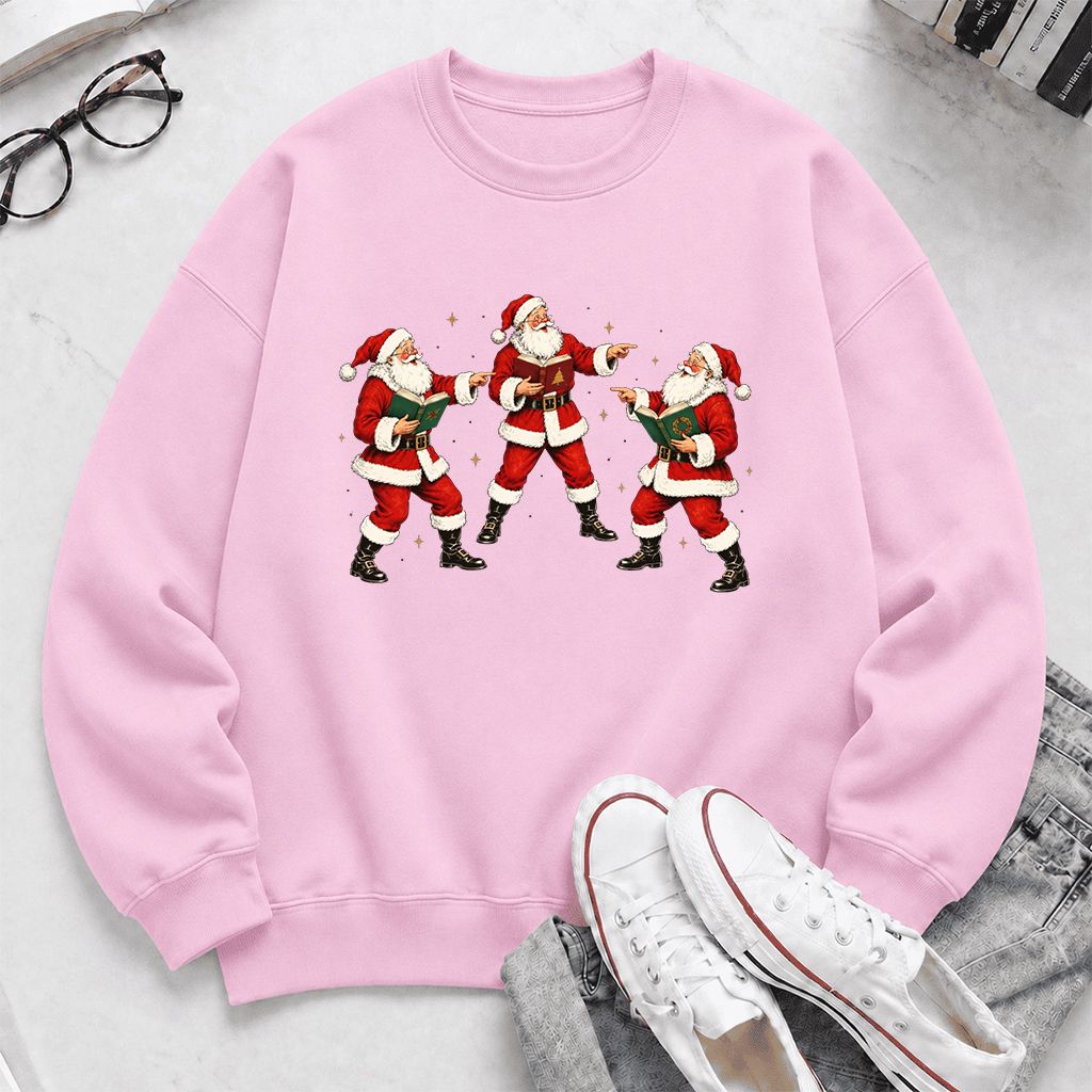 Three Reading Santas Printed Sweatshirt | Christmas Reader Gift Light Pink