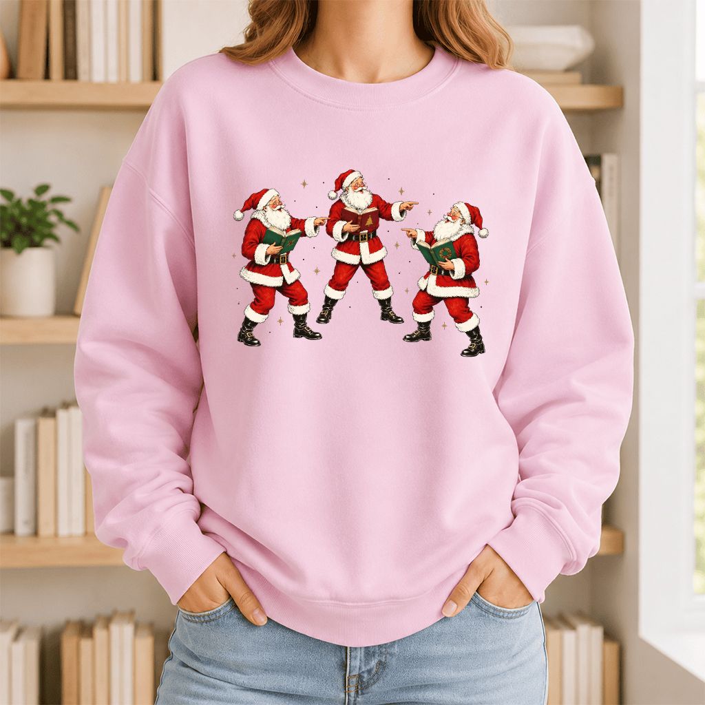 Three Reading Santas Printed Sweatshirt | Christmas Reader Gift Light Pink
