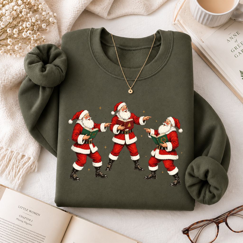 Three Reading Santas Printed Sweatshirt | Christmas Reader Gift Military Green