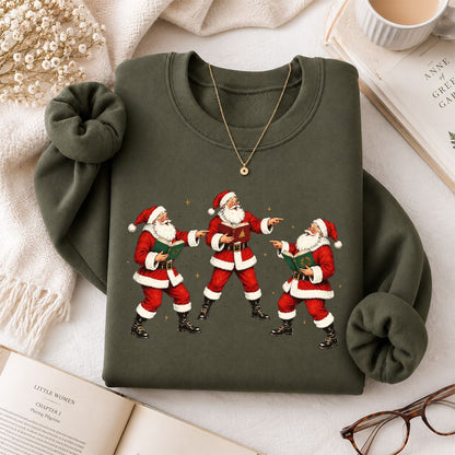 Three Reading Santas Printed Sweatshirt | Christmas Reader Gift Military Green