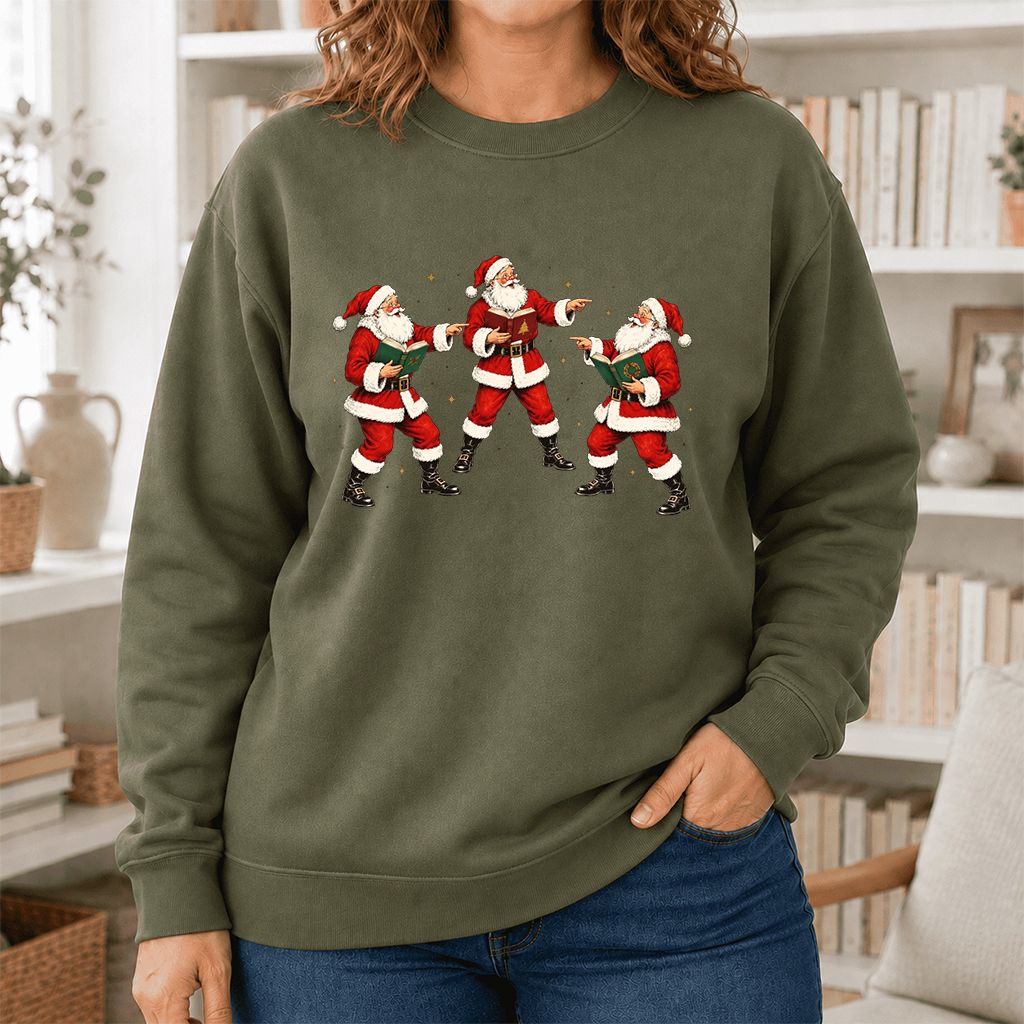 Three Reading Santas Printed Sweatshirt | Christmas Reader Gift Military Green