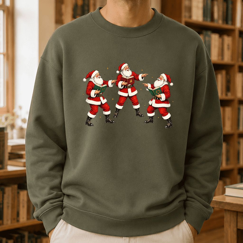 Three Reading Santas Printed Sweatshirt | Christmas Reader Gift Military Green